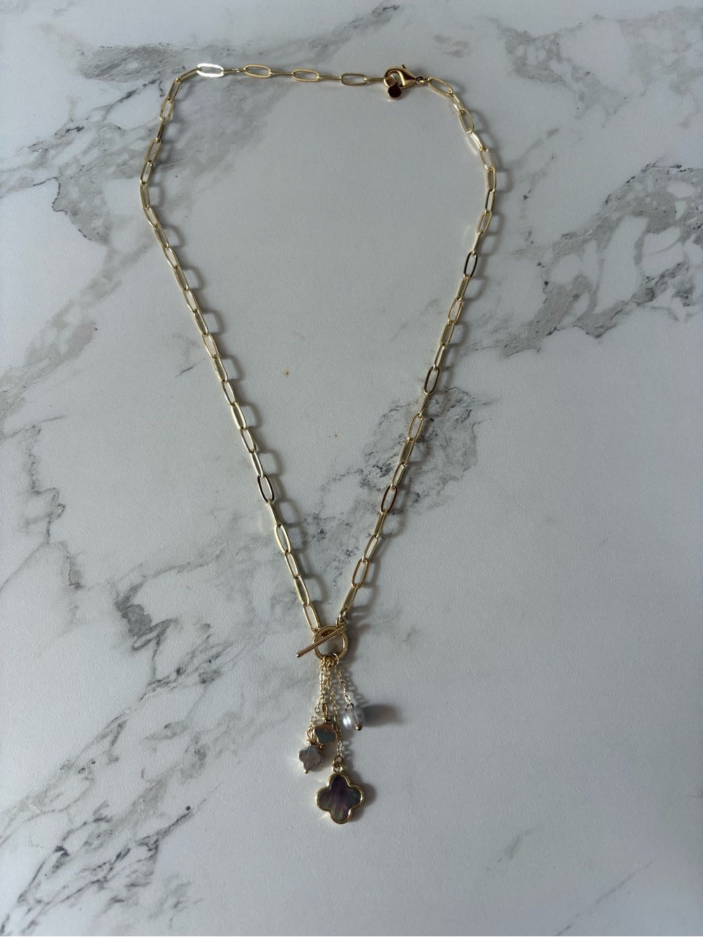 Panacea Cache Gold Link Necklace with Iridescent Clover and Pearl Charms - Picture 2 of 3